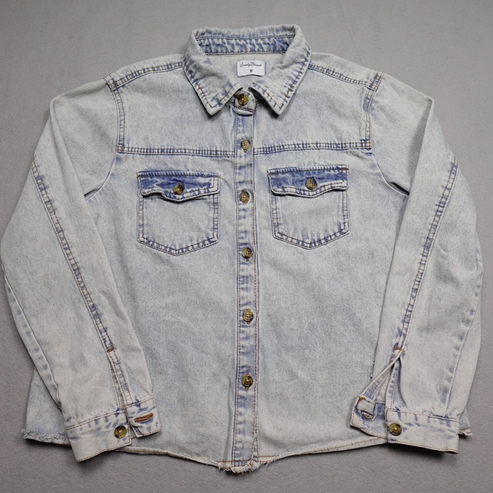 Simply Blessed Tunic Top Womens Size M Blue Acid Wash Distressed Denim Button Up